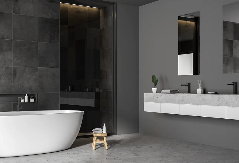 Modern bathroom featuring stylish and practical wall & ceiling cladding and worktop.