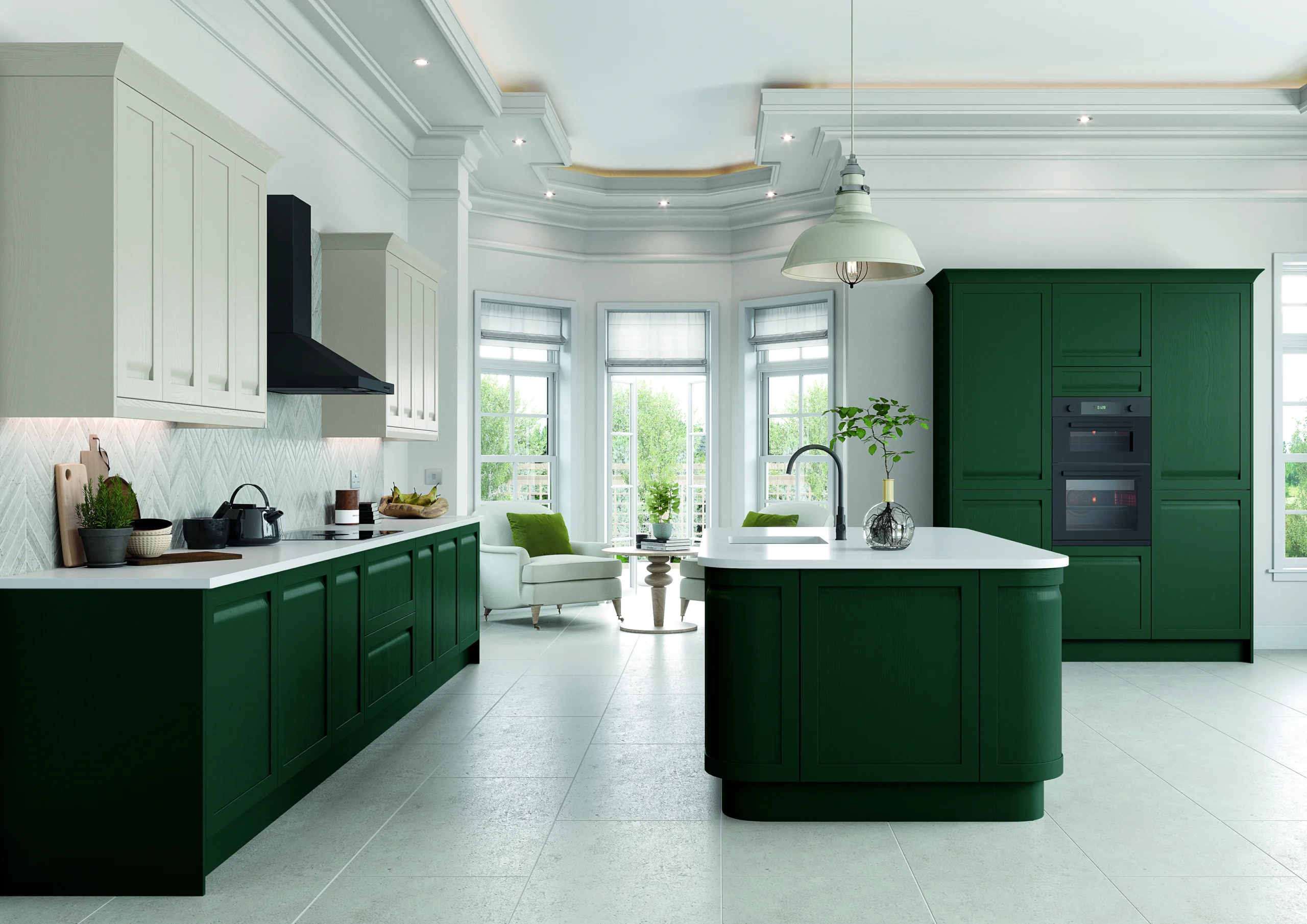 Kitchen featuring cohesive design with matching tile backsplash and quartz countertop.
