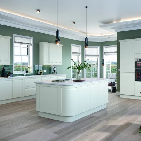 Modern kitchen featuring white shaker-style cabinets, creating a clean and bright atmosphere.