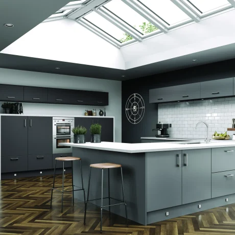 Modern kitchen featuring black shaker-style cabinets, creating a sleek and contemporary look.